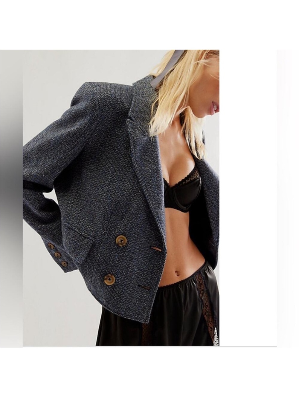 Free People Women's Heritage Double Breasted Crop Wool Blend Blazer Blue XS